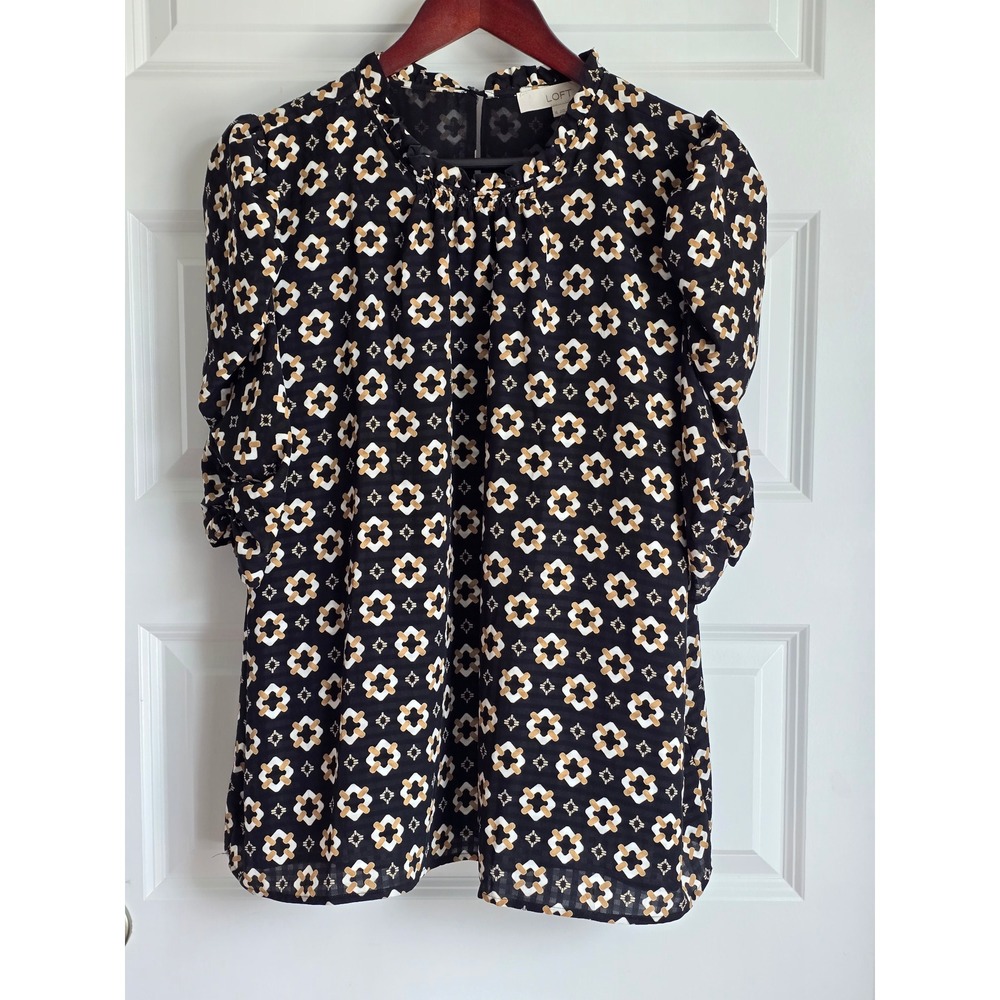 Loft Womens XL Black Geometric Tile Print Ruffle Neck Ruched Puff Sleeve Blouse